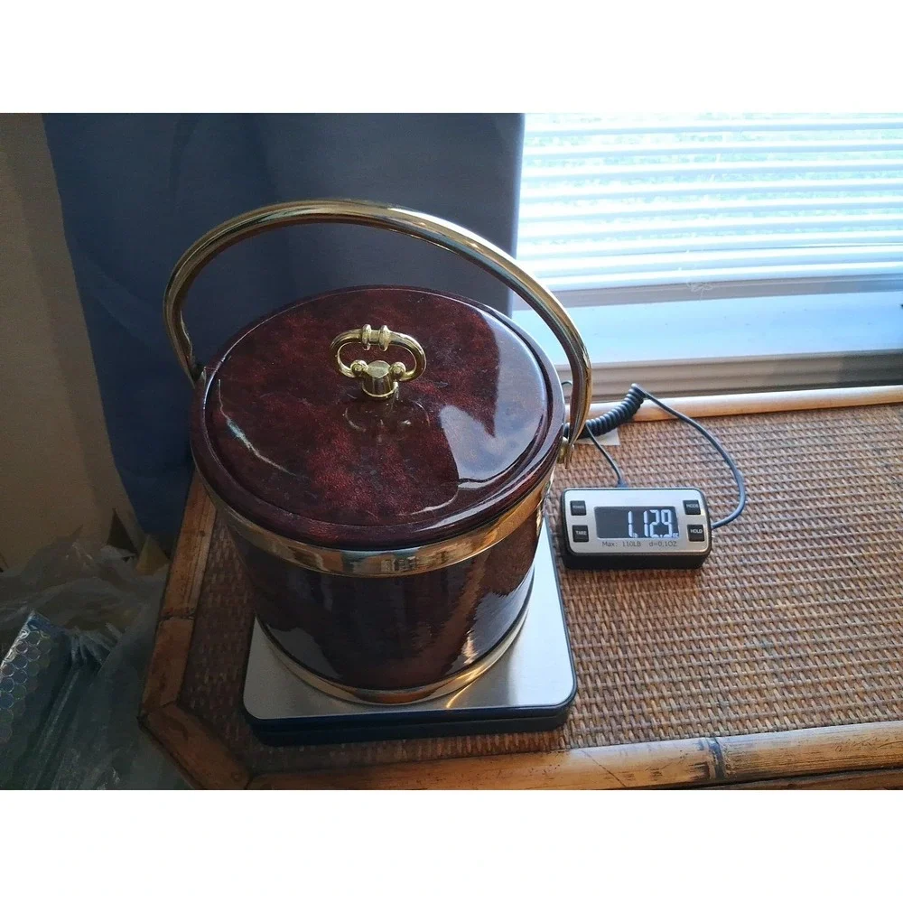 VTG Kraftware MCM Faux Tortoise Brown Marble Ice Bucket Lid Handle w/Tray USA 